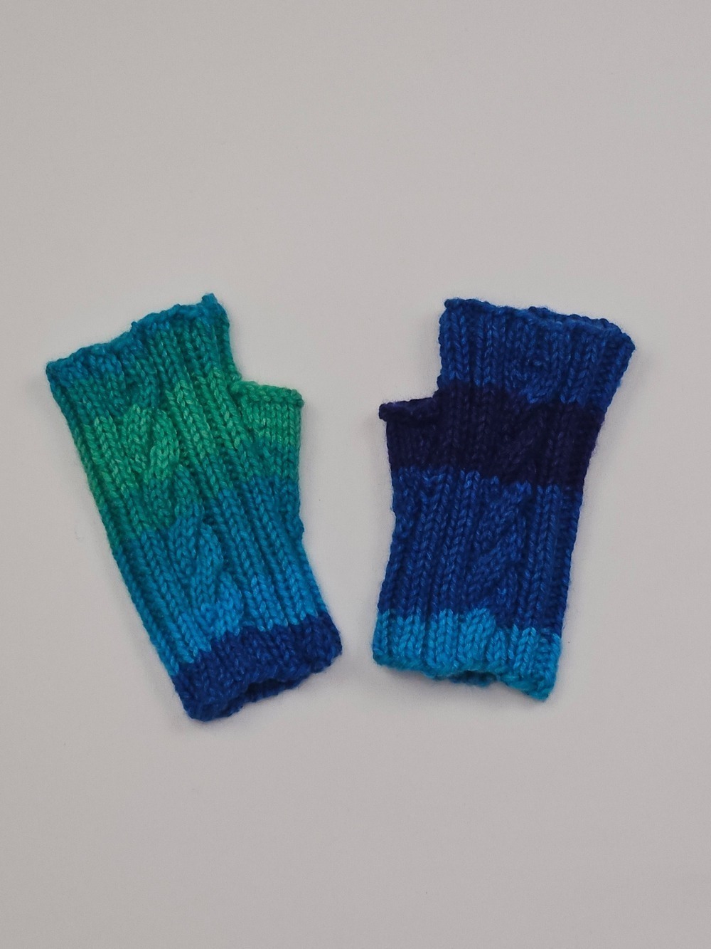 Hand Knit Fingerless Gloves Blue Green Ombre Wrist Warmers Thumb Hole Boho